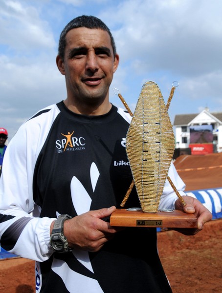 Rotorua's Dave Mohi with his trophy after winning the men's 30 years plus title at the UCI BMX World Championships in Pietermariztberg, South Africa.